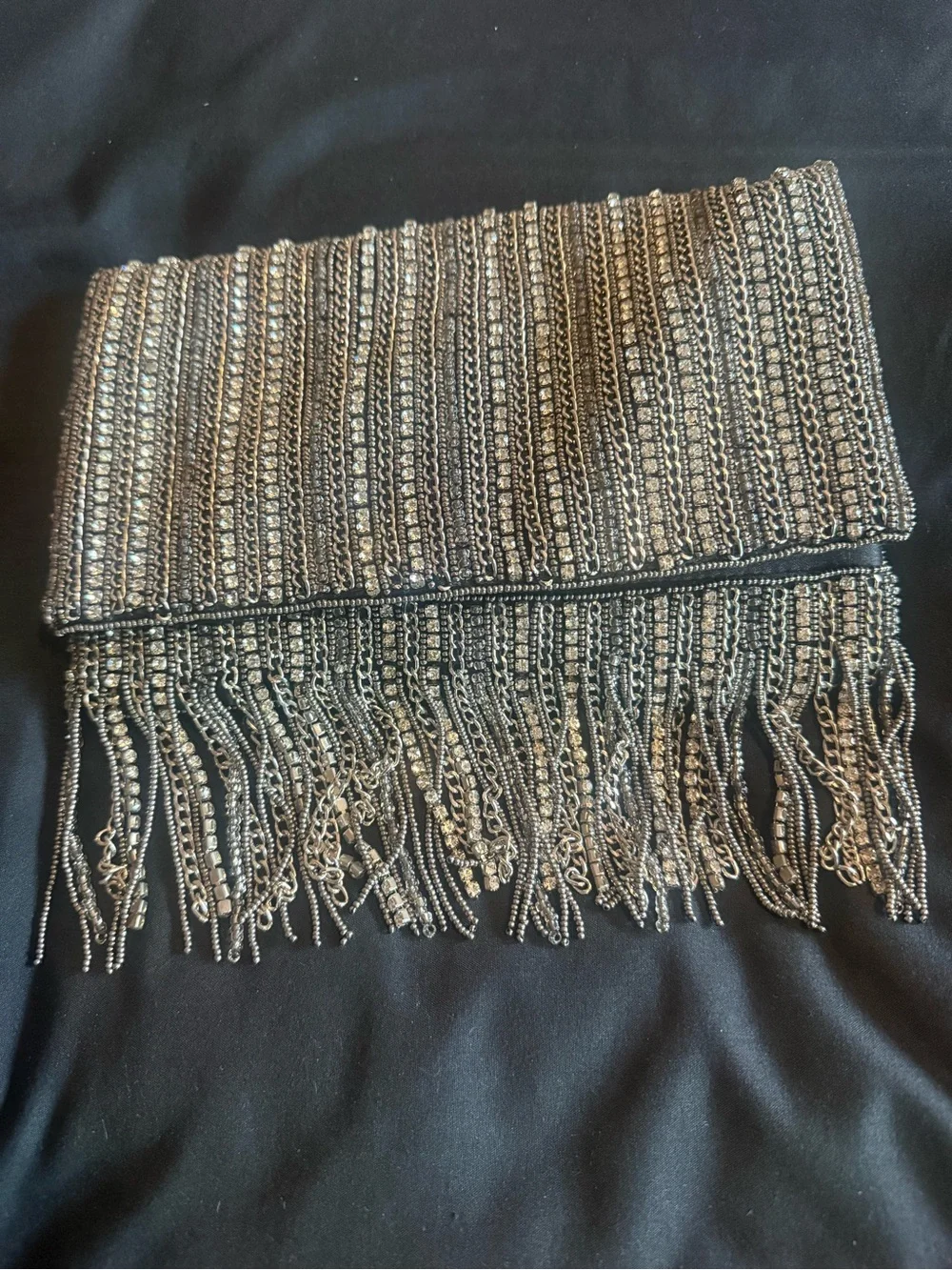 Express Silver and Black Beaded Fringe Clutch